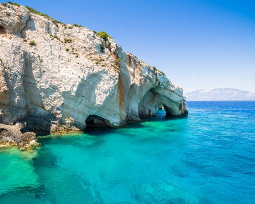 Aerial  view of  Agios Nikolaos blue caves  in Zakynthos (Zante) island, in Greece